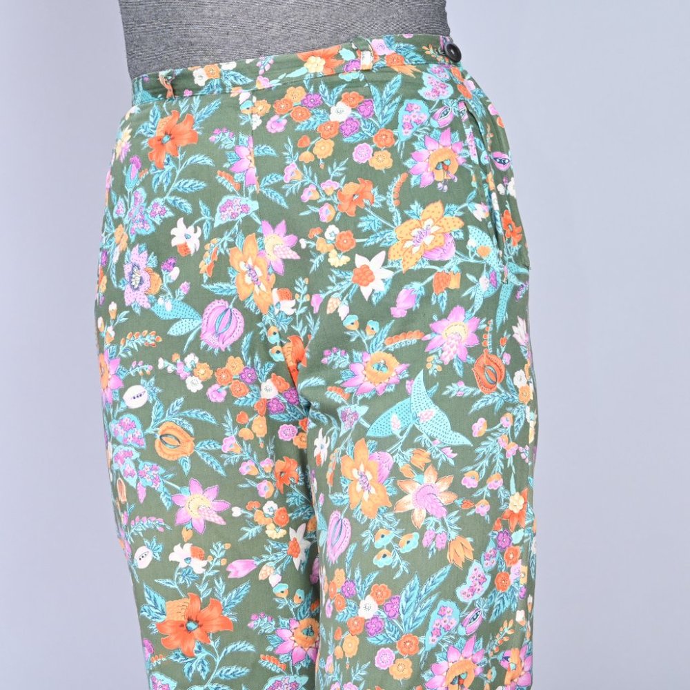 VINTAGE Vico Dritto Portofino High Waist Green Floral Pants 50s Retro  S - Picture 2 of 7